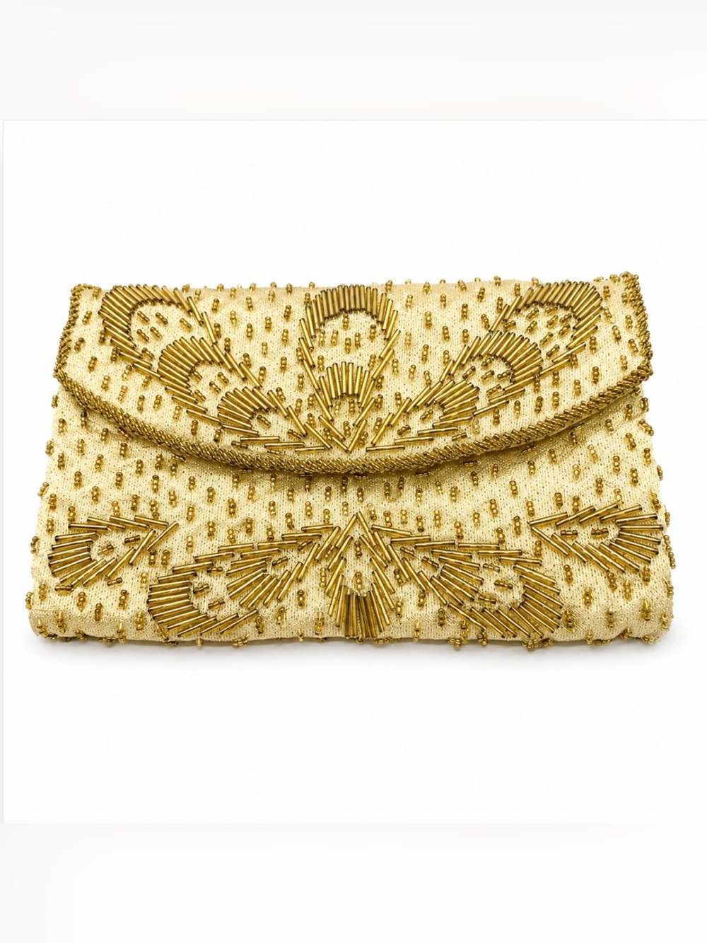 Walborg Gold Tone Beaded Hand Bag Clutch Purse Evening Bag Vintage Hong Kong 50s